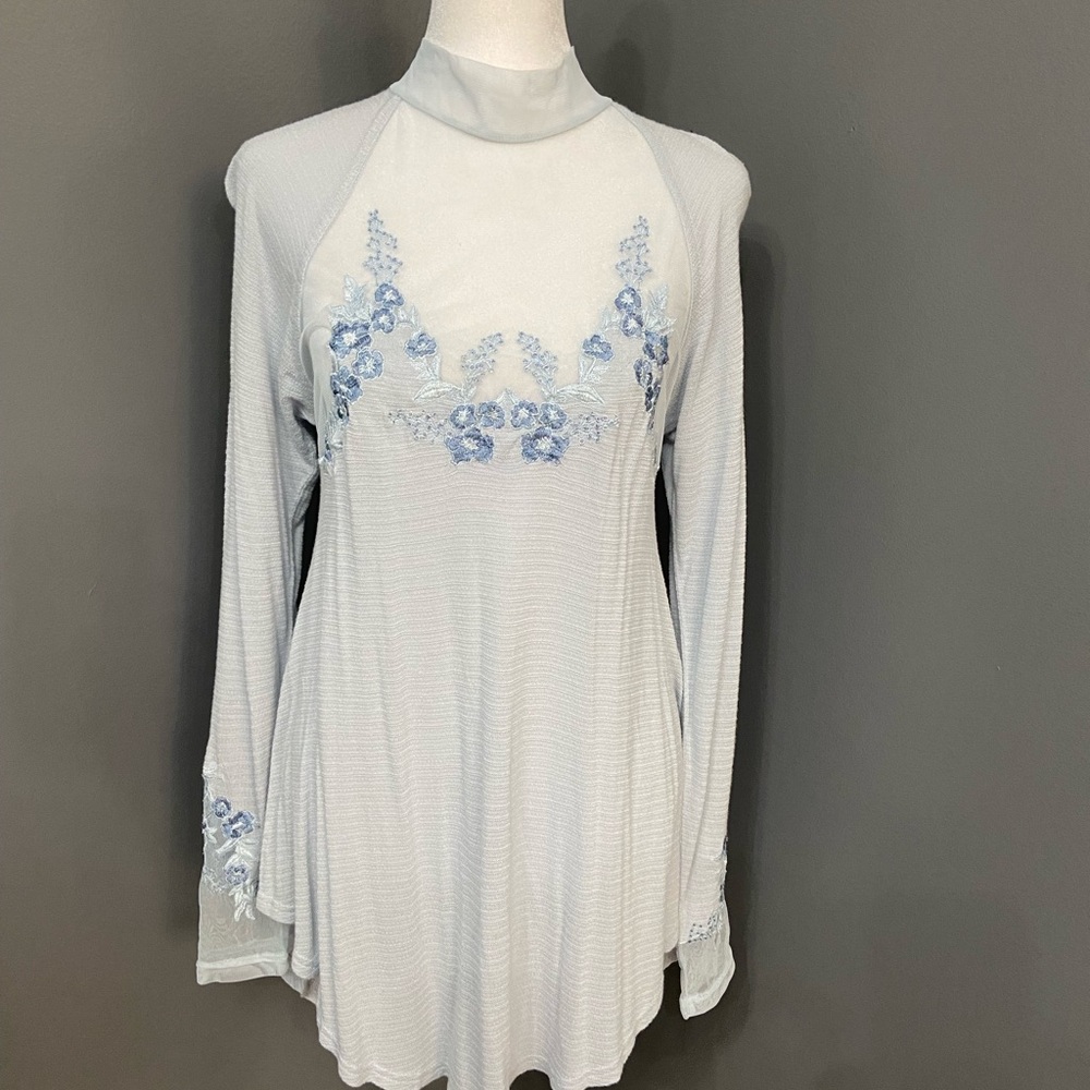 FREE PEOPLE-Embroidered Mesh Light Blue Long Sleeve Fitted Top Hippie Boho XS